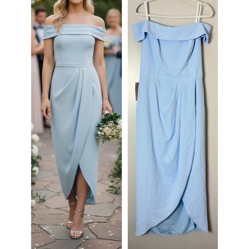 Wedding Guest Dress BHLDN Blue Off Shoulder Midi Formal Evening Dress